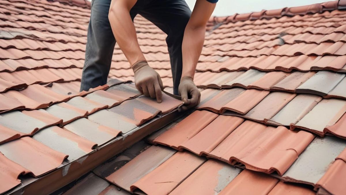 i5Exteriors – Roof Replacement Man Fixing Brick Roof